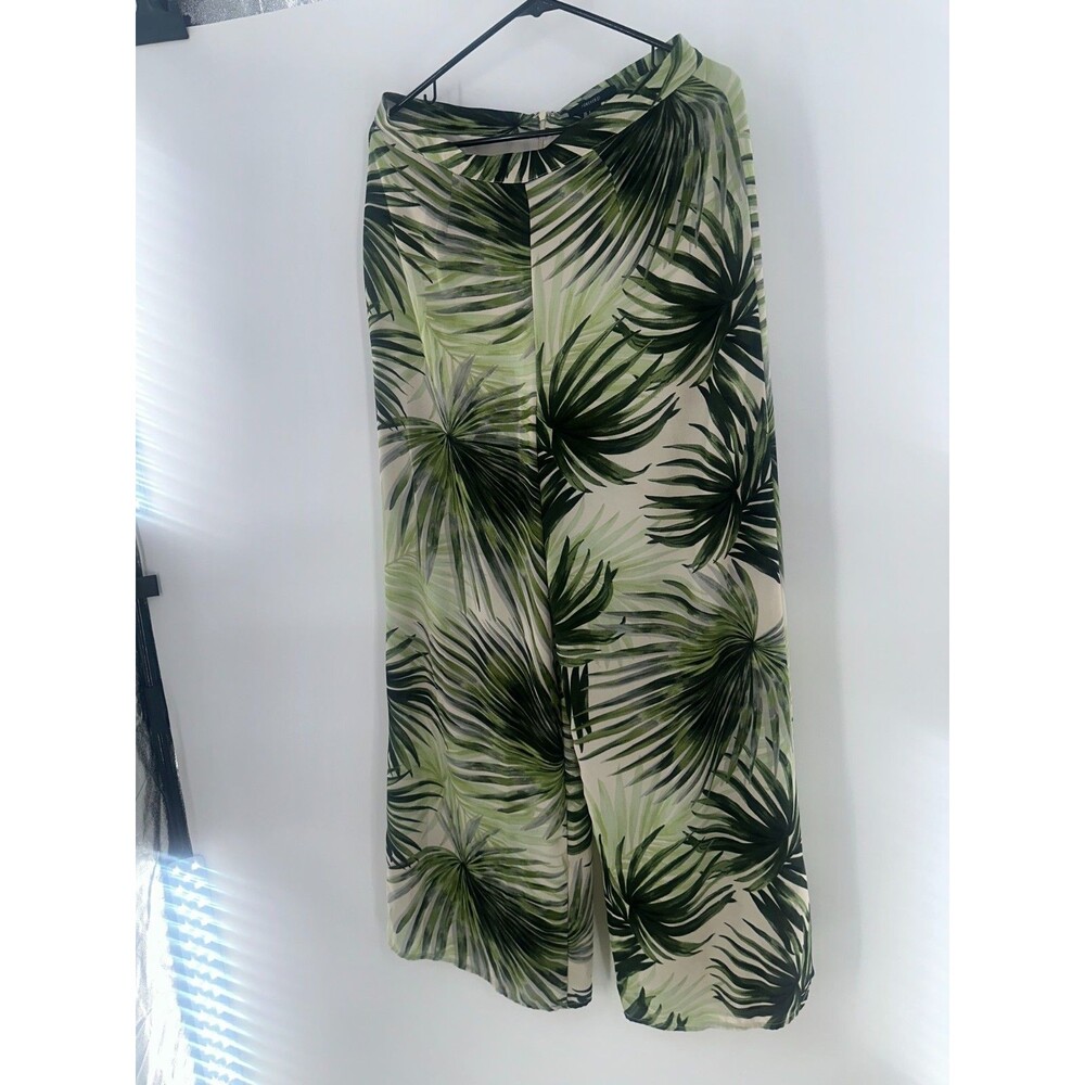 Forever 21 Tropical Palm Leaf Print Wide Leg Pants Flowy Palazzo Trousers Size L